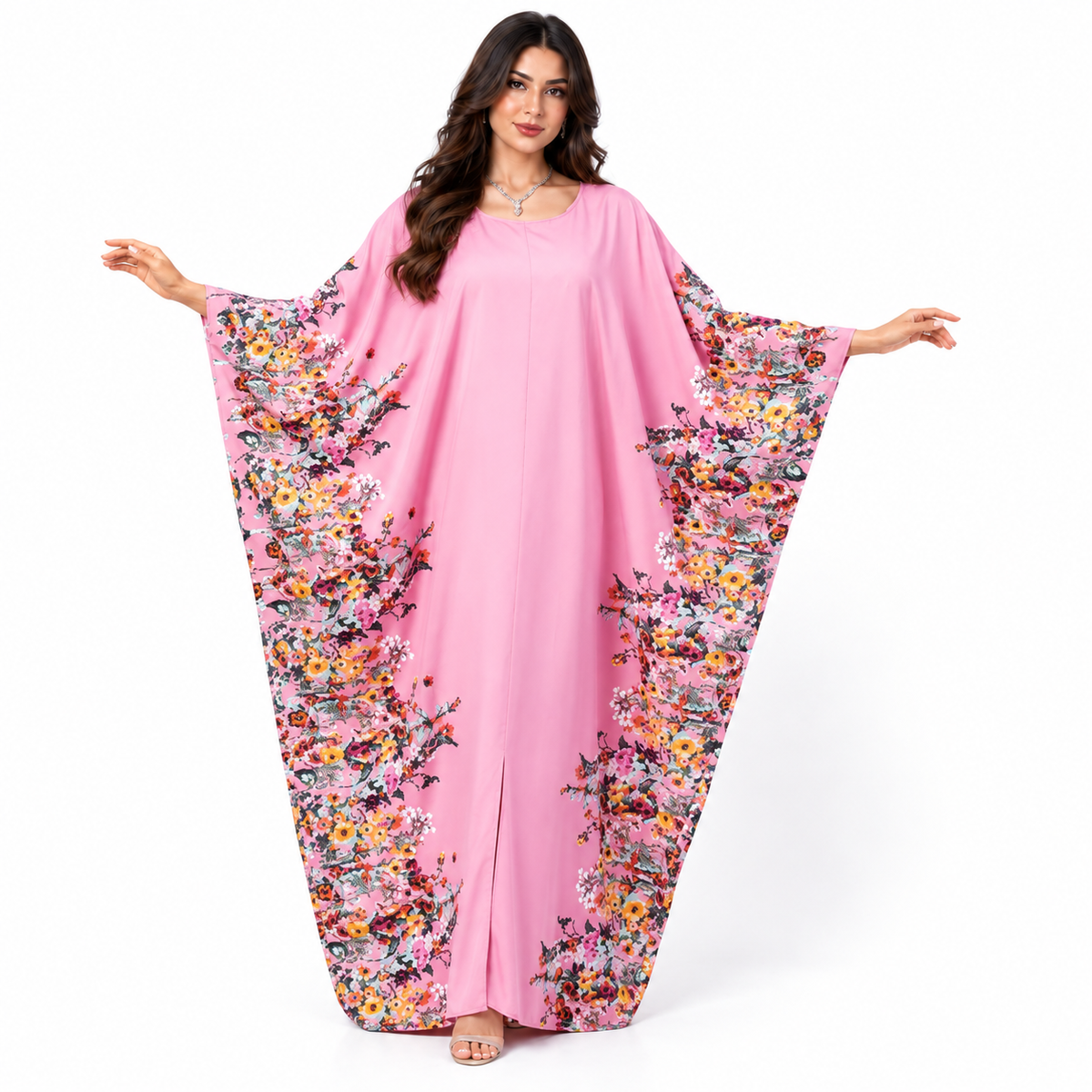 Elegant Pink Floral Print Batwing Kaftan-1