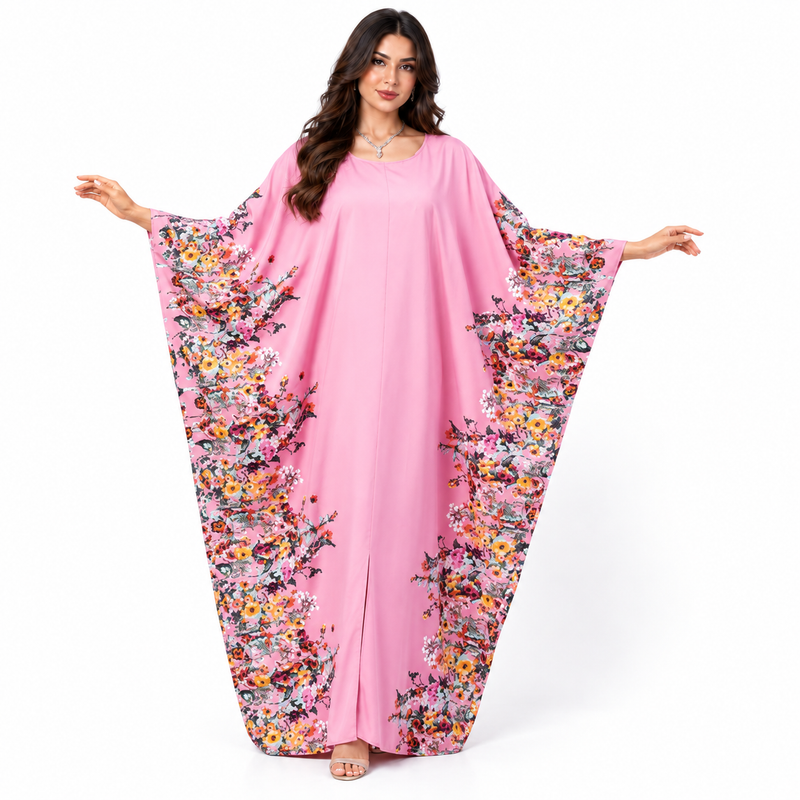 Elegant Pink Floral Print Batwing Kaftan-1