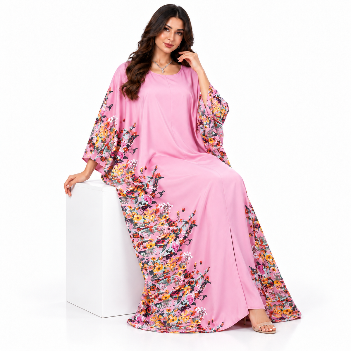 Elegant Pink Floral Print Batwing Kaftan-3