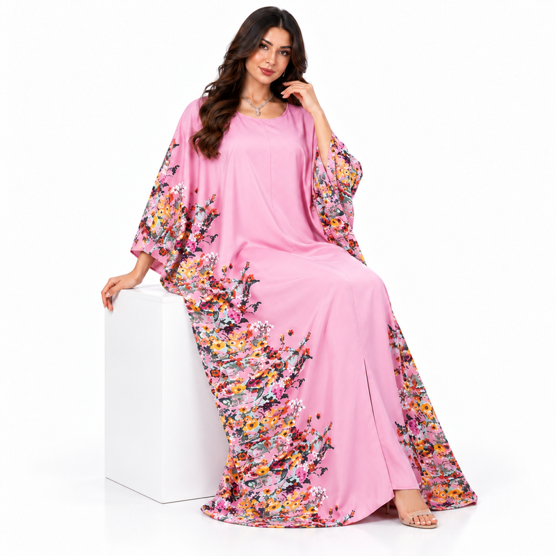 Elegant Pink Floral Print Batwing Kaftan-3