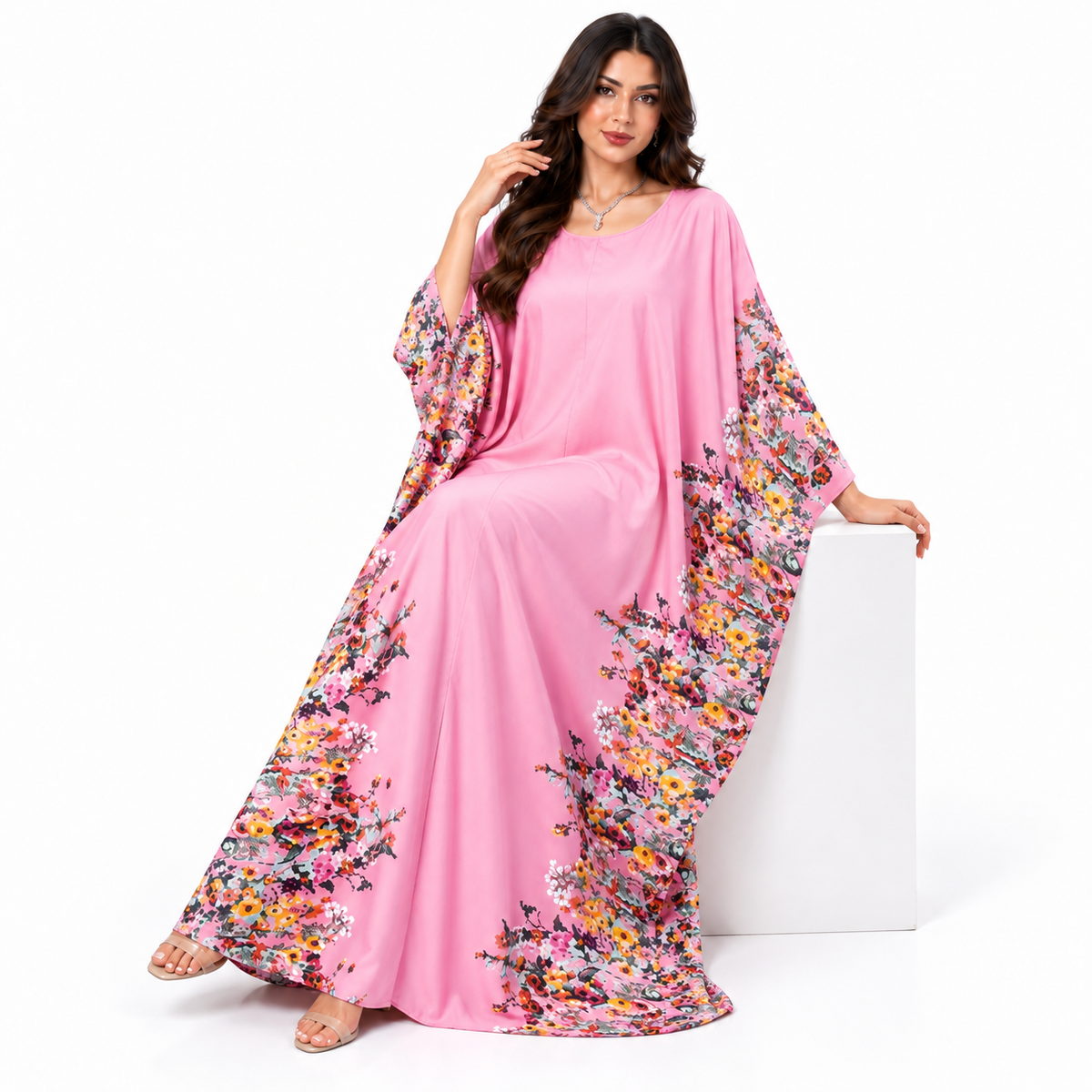 Pink Floral Print Plus Size Kaftan