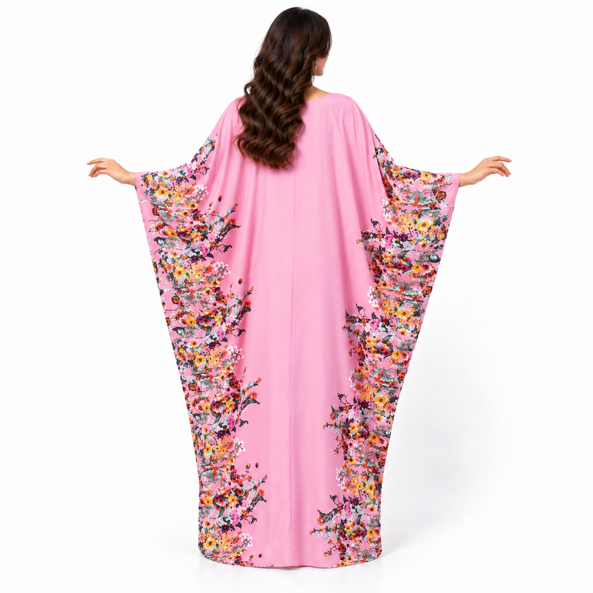 Elegant Pink Floral Print Batwing Kaftan-4