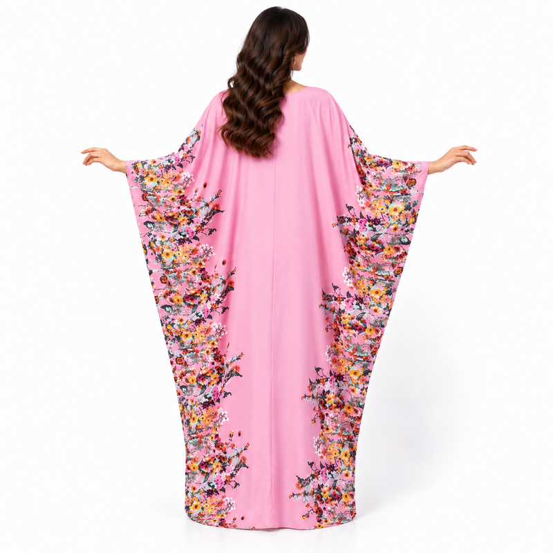 Elegant Pink Floral Print Batwing Kaftan-4