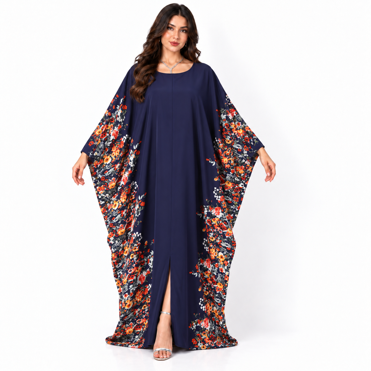 Elegant Navy Blue Floral Batwing Kaftan-1