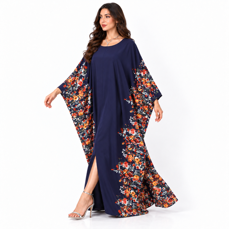 Elegant Navy Blue Floral Batwing Kaftan-3