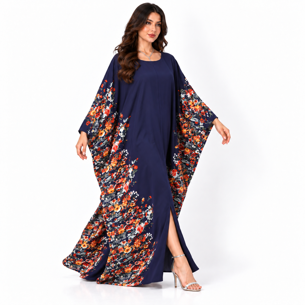 Elegant Navy Blue Floral Batwing Kaftan-2