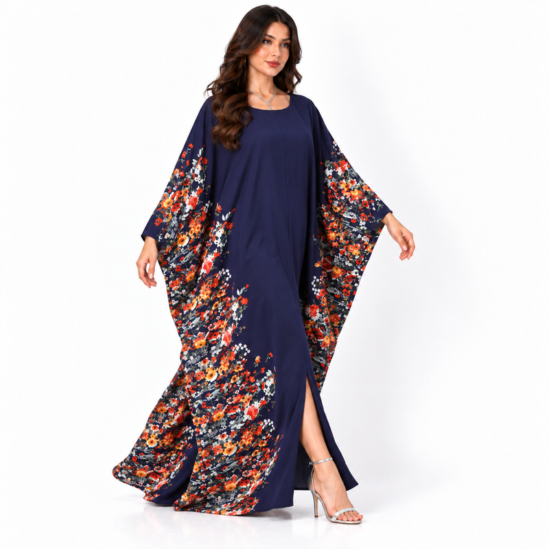 Elegant Navy Blue Floral Batwing Kaftan-2