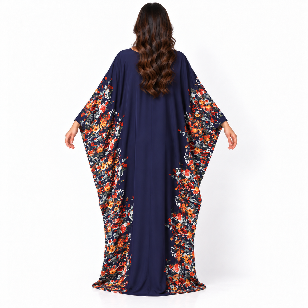 Elegant Navy Blue Floral Batwing Kaftan-4