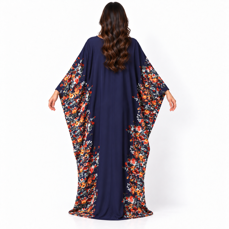 Elegant Navy Blue Floral Batwing Kaftan-4