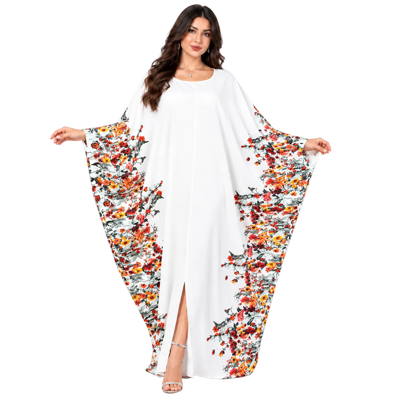 Elegant White Floral Print Batwing Kaftan-1