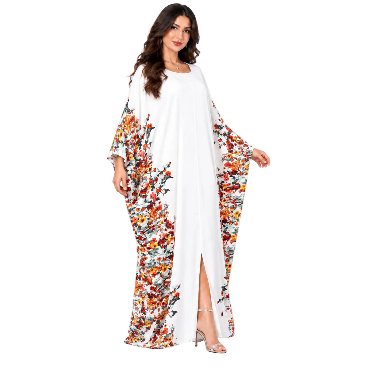 Elegant White Floral Print Batwing Kaftan-2