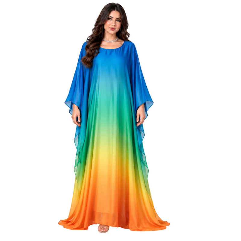 Elegant Rainbow Ombre Flowing Batwing Kaftan Dress-1