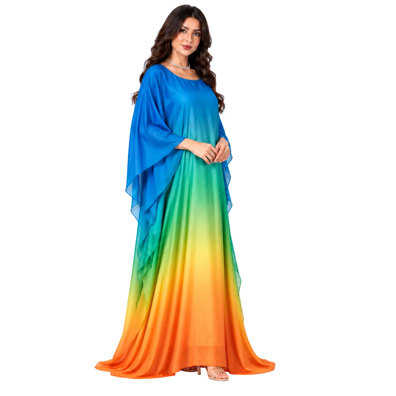 Elegant Rainbow Ombre Flowing Batwing Kaftan Dress-2