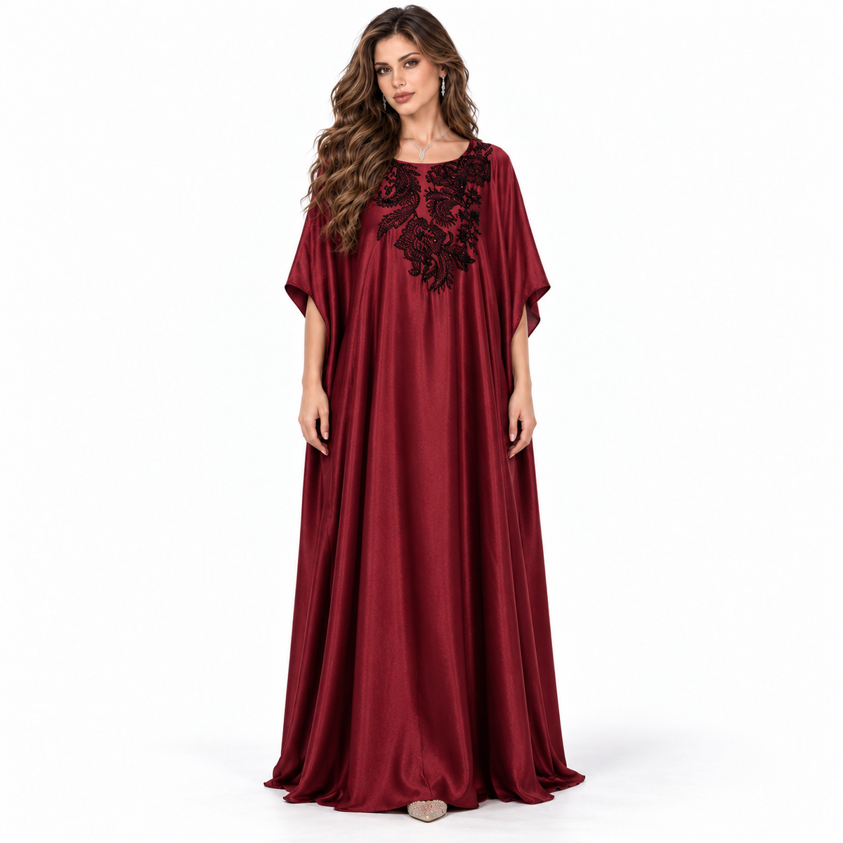 Burgundy Floral Embroidered Luxury Elegant Kaftan