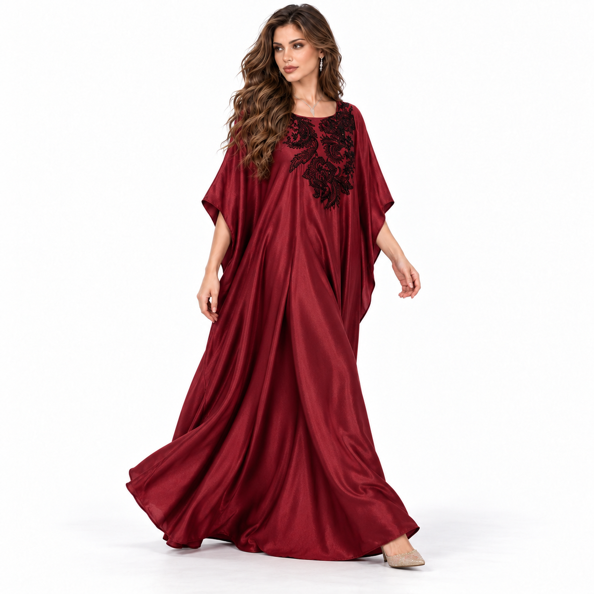Burgundy Floral Embroidered Luxury Elegant Kaftan