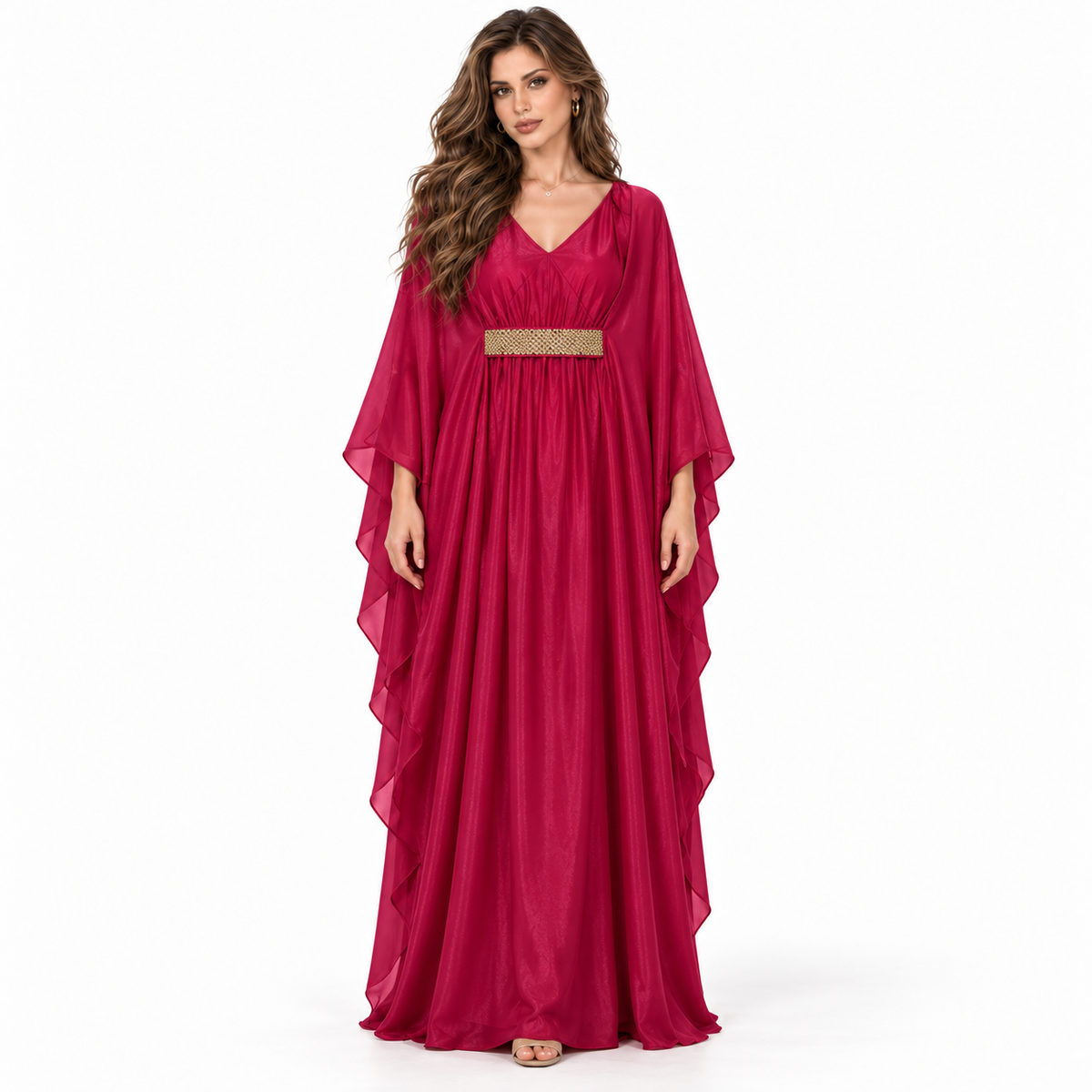 Elegant Fuchsia Gold Belt Flowing Kaftan-1