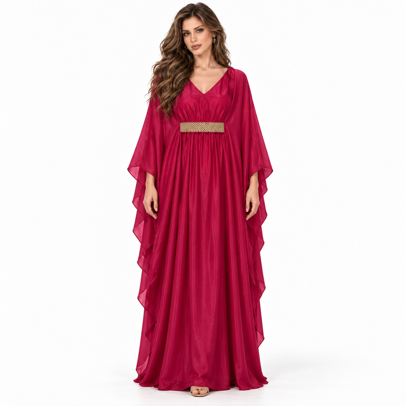 Elegant Fuchsia Gold Belt Flowing Kaftan-1