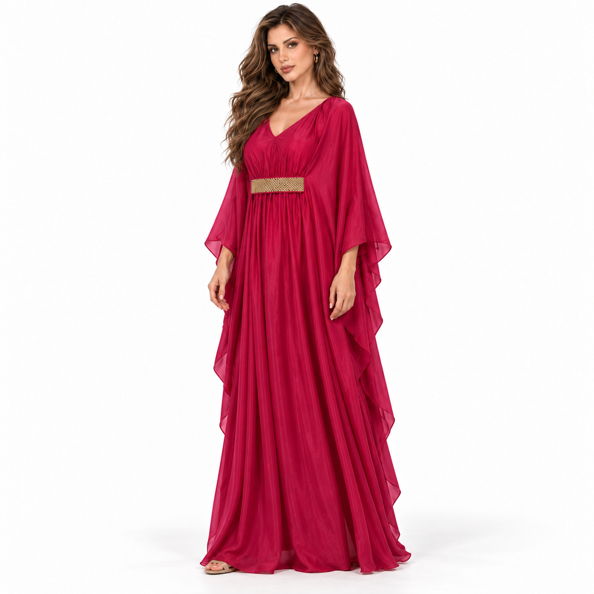 Elegant Fuchsia Gold Belt Flowing Kaftan-2