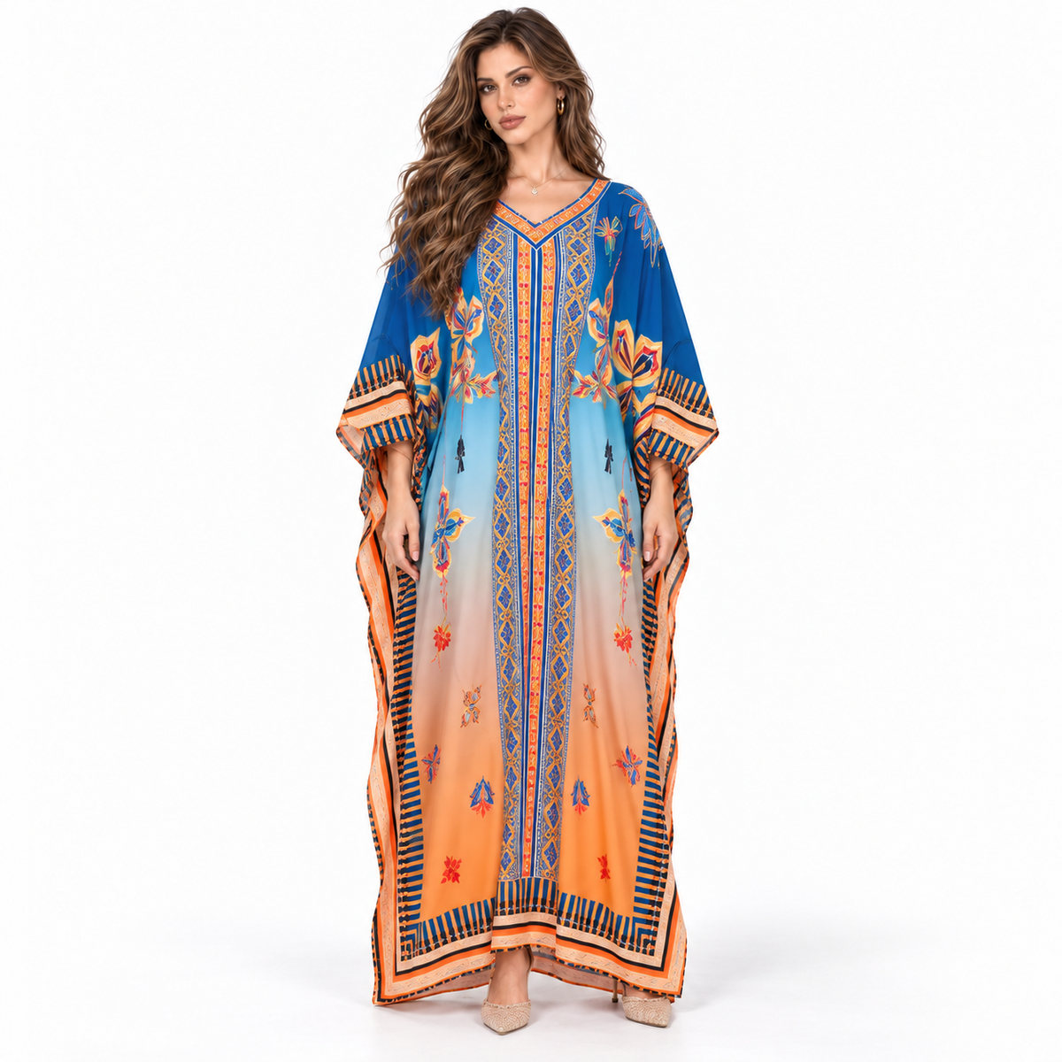 Blue Orange Floral Printed Elegant Kaftan
