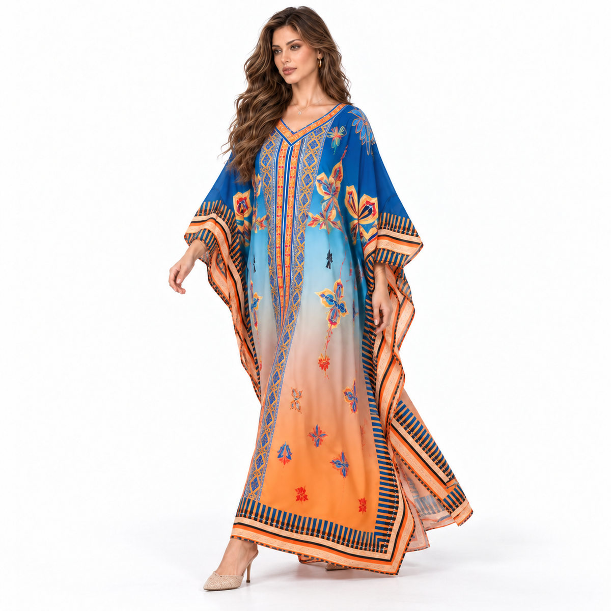 Blue Orange Floral Printed Elegant Kaftan