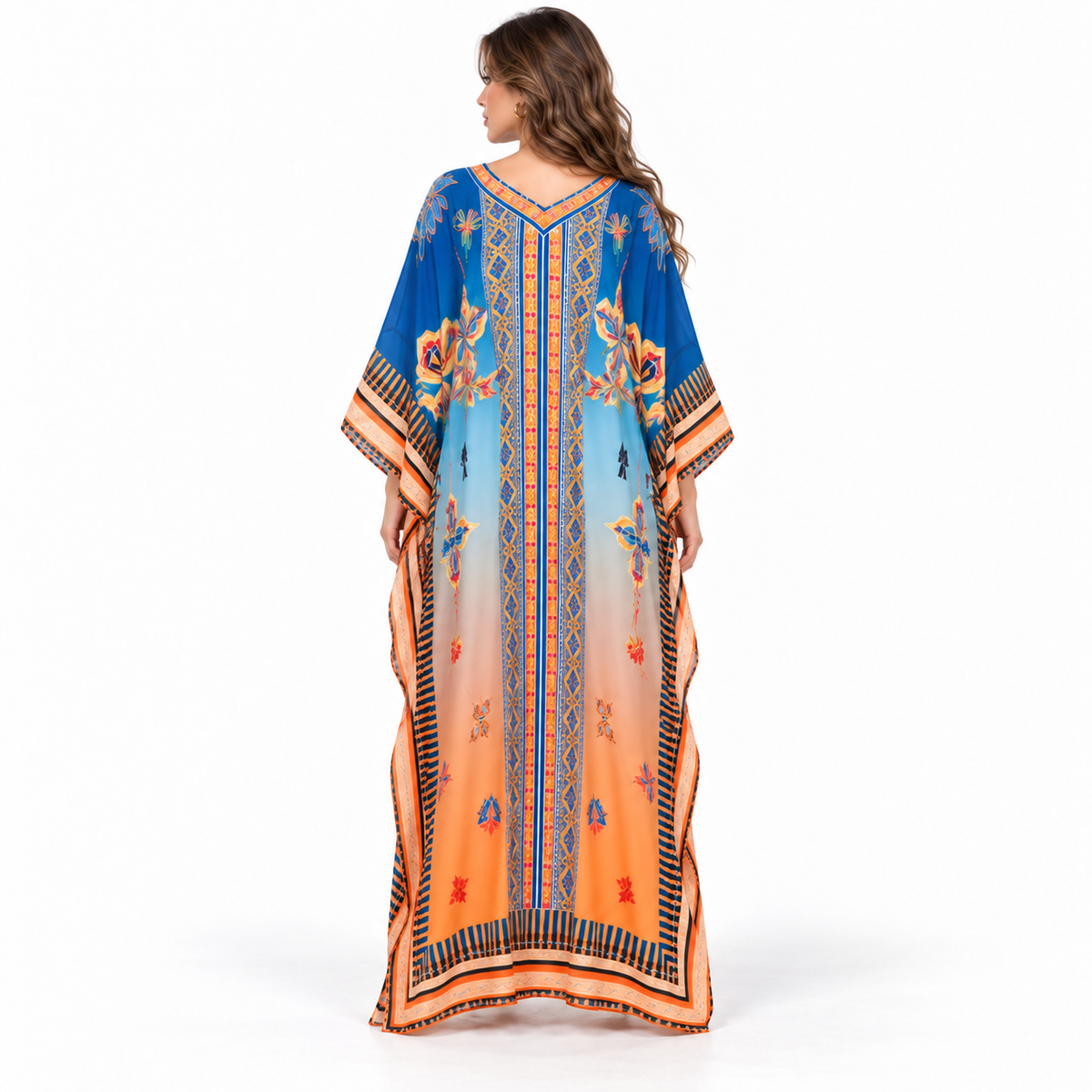 Elegant Blue Orange Floral Printed Kaftan-4