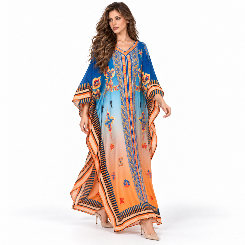 Elegant Blue Orange Floral Printed Kaftan-3