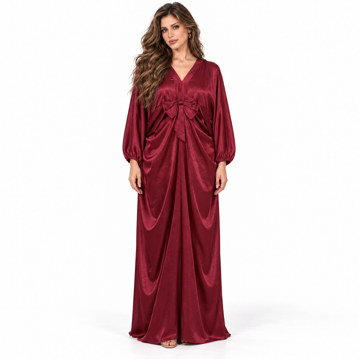 Elegant Burgundy Satin Bow Detail Kaftan-1