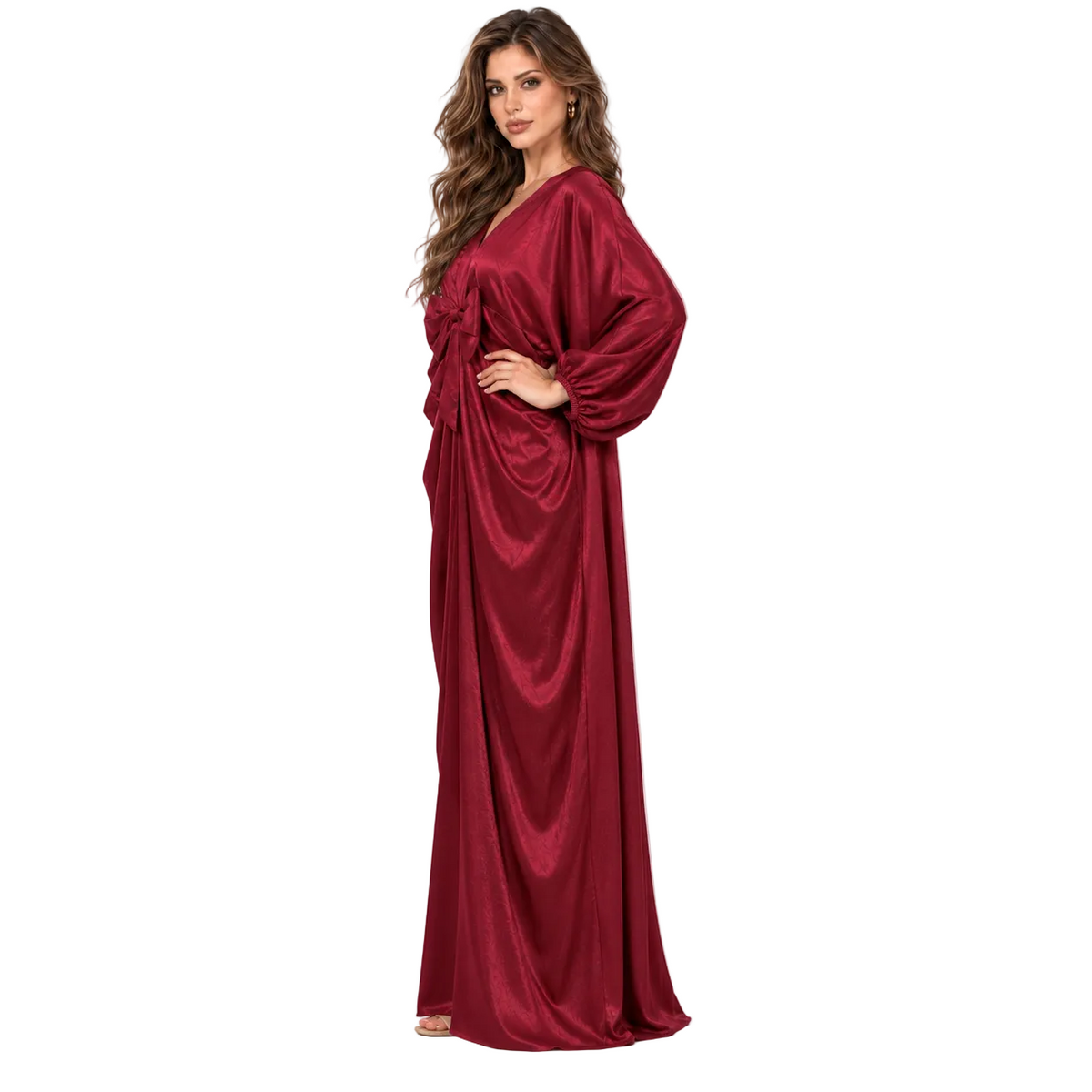 Elegant Burgundy Satin Bow Detail Kaftan-3