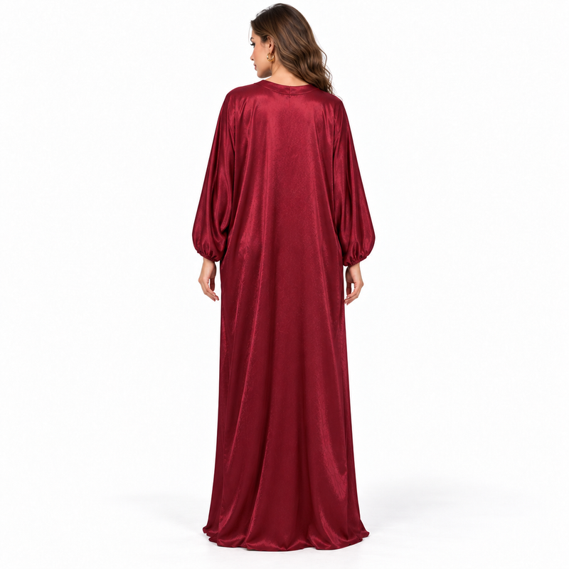 Elegant Burgundy Satin Bow Detail Kaftan-4