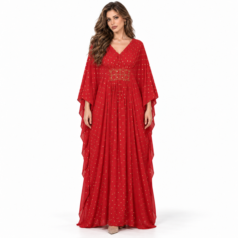 Red Gold Embellished Luxury Chiffon Kaftan-1