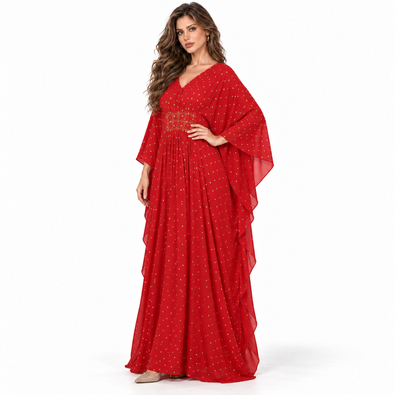 Red Gold Embellished Luxury Chiffon Kaftan-2