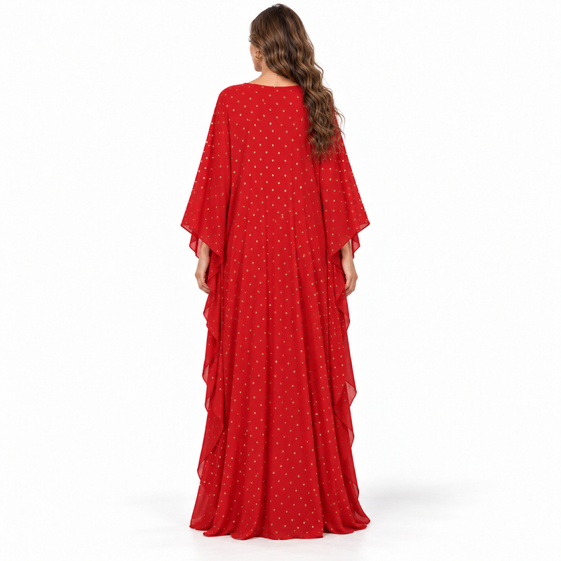 Red Gold Embellished Luxury Chiffon Kaftan-4