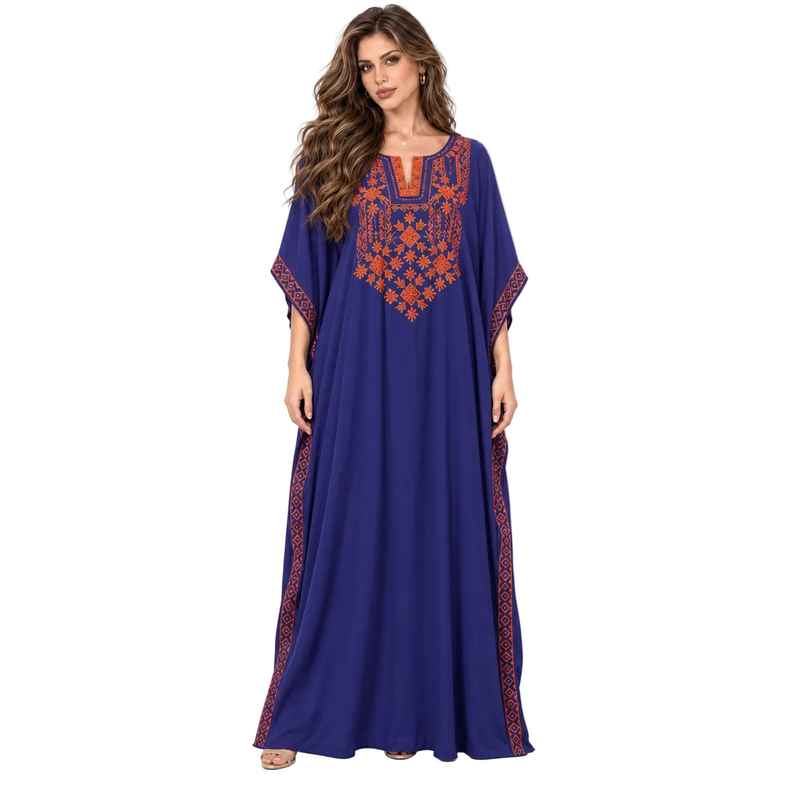 Elegant Royal Blue Orange Embroidered Kaftan-1