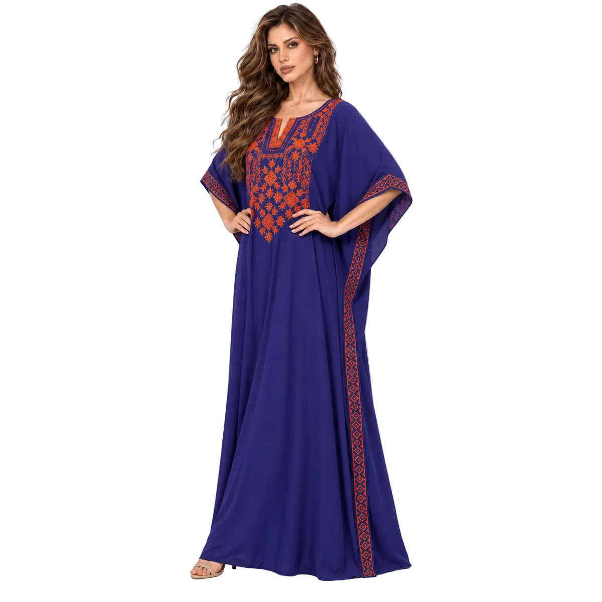Elegant Royal Blue Orange Embroidered Kaftan-2