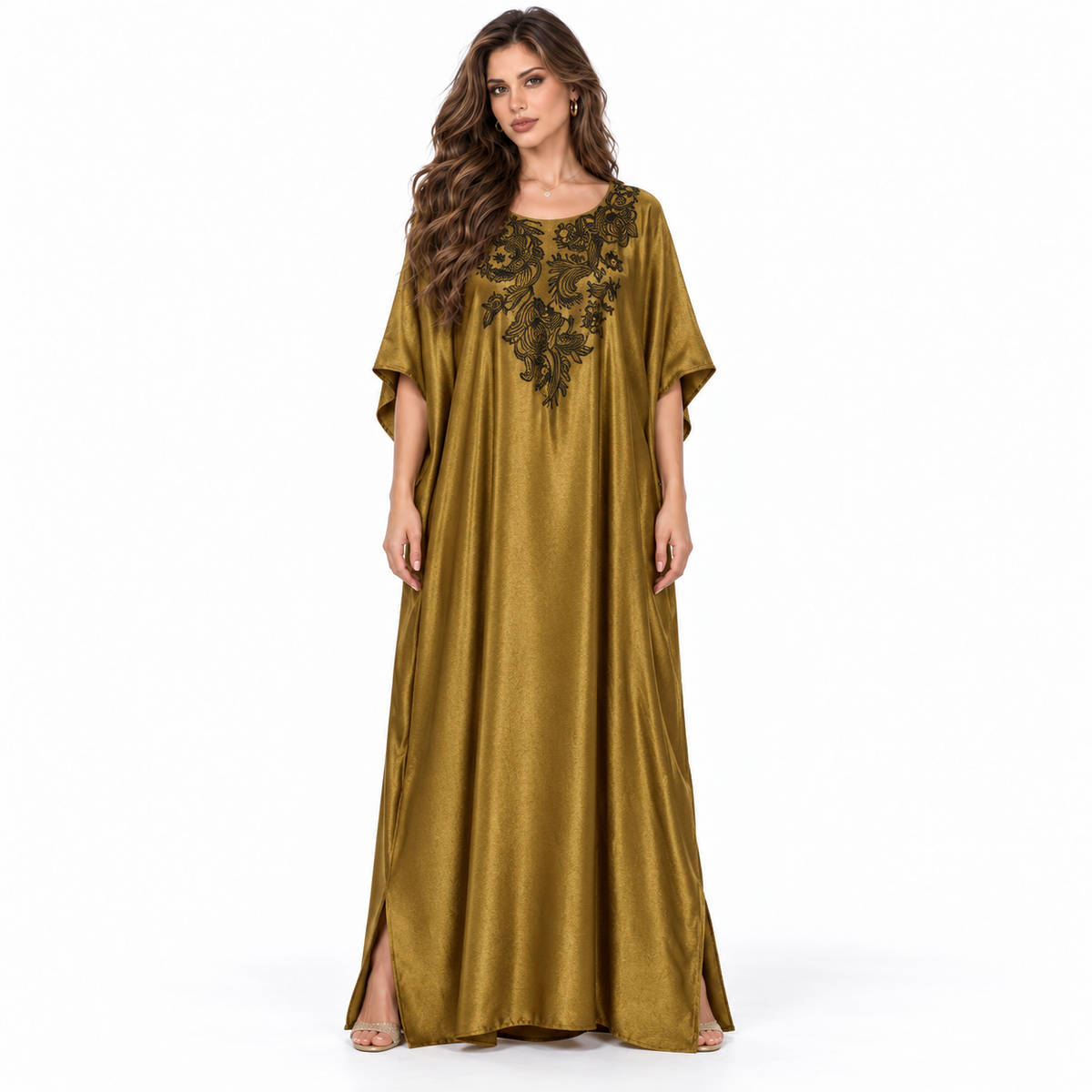 Olive Gold Floral Embroidered Luxury Kaftan-1