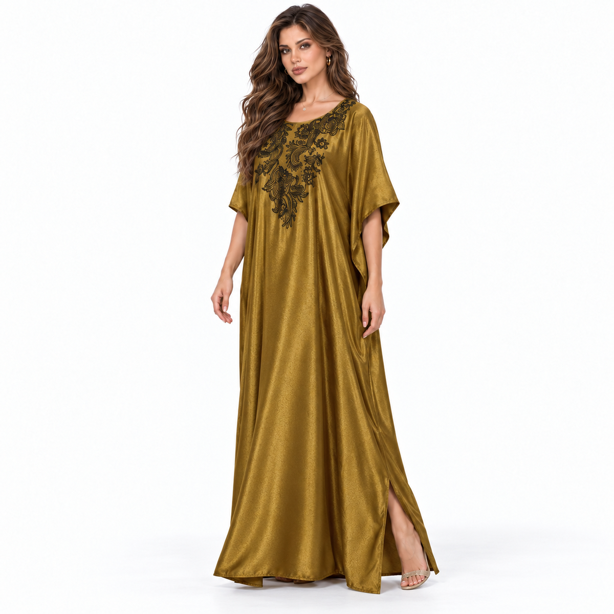 Olive Gold Floral Embroidered Elegant Kaftan