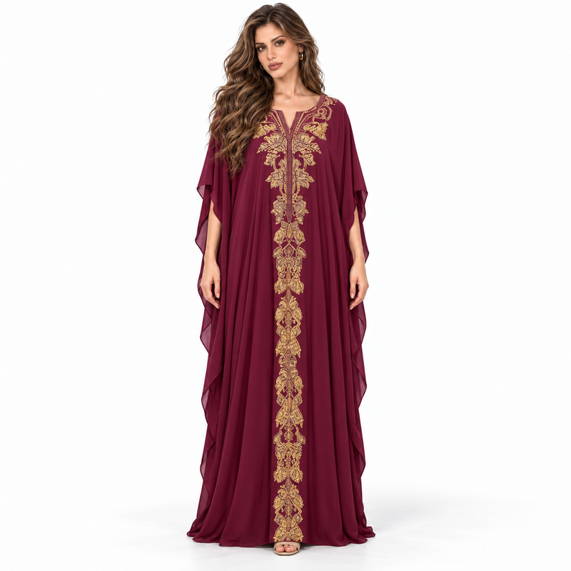 Elegant Burgundy Gold Embroidered Luxury Kaftan-1
