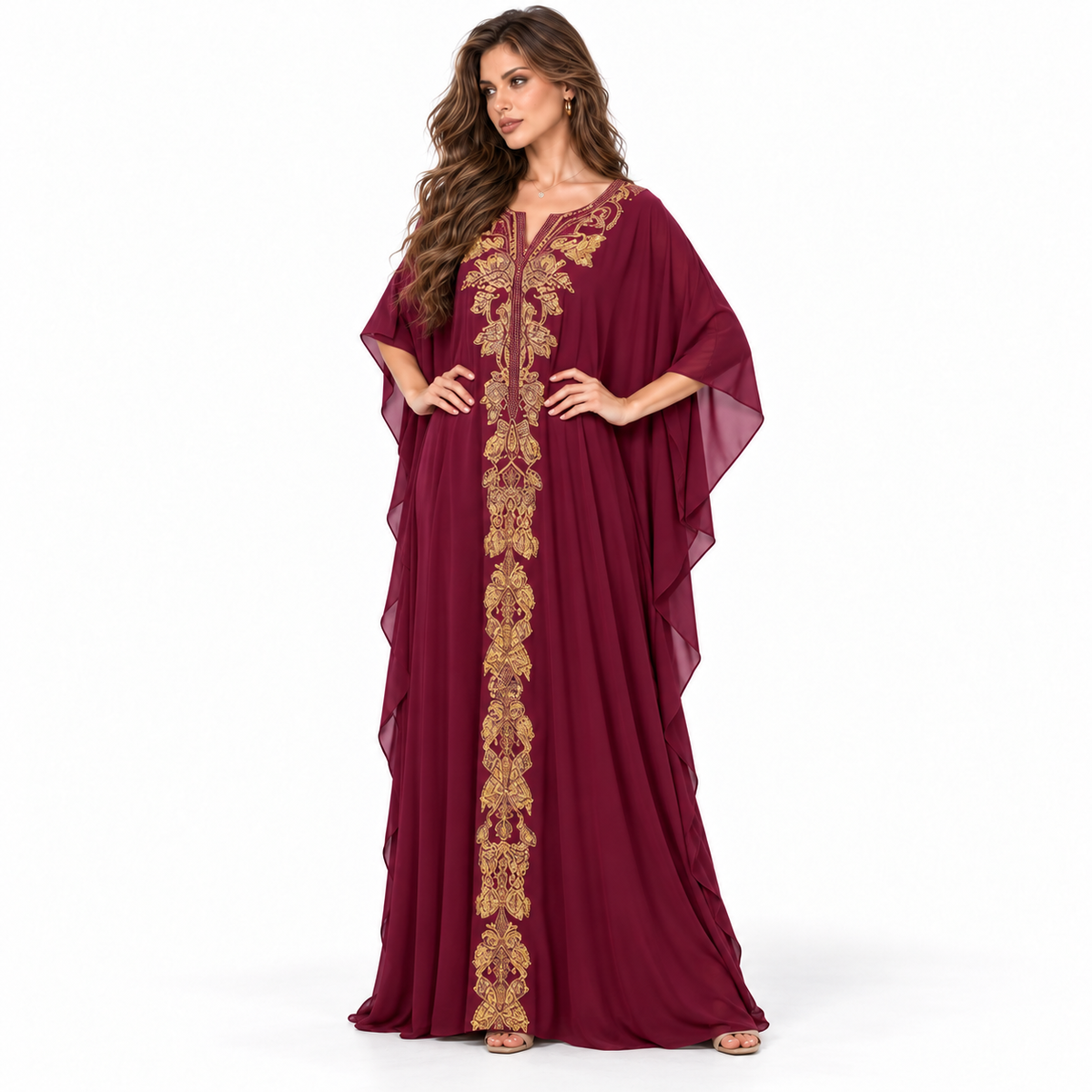 Elegant Burgundy Gold Embroidered Luxury Kaftan-2