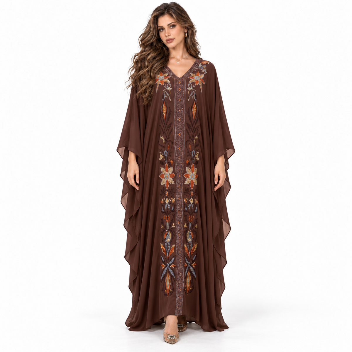 Elegant Chocolate Brown Floral Embroidered Kaftan-1