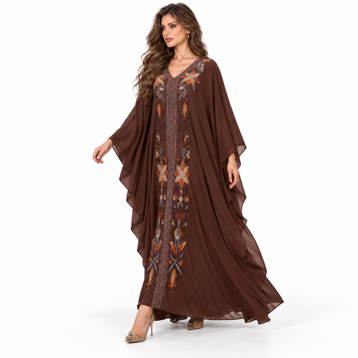 Elegant Chocolate Brown Floral Embroidered Kaftan-3