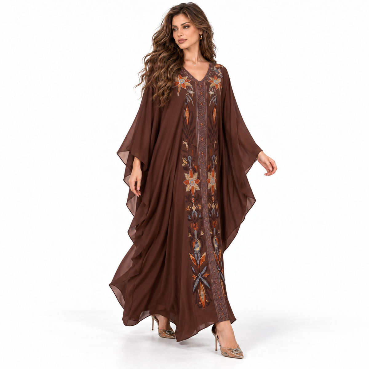 Elegant Chocolate Brown Floral Embroidered Kaftan-2
