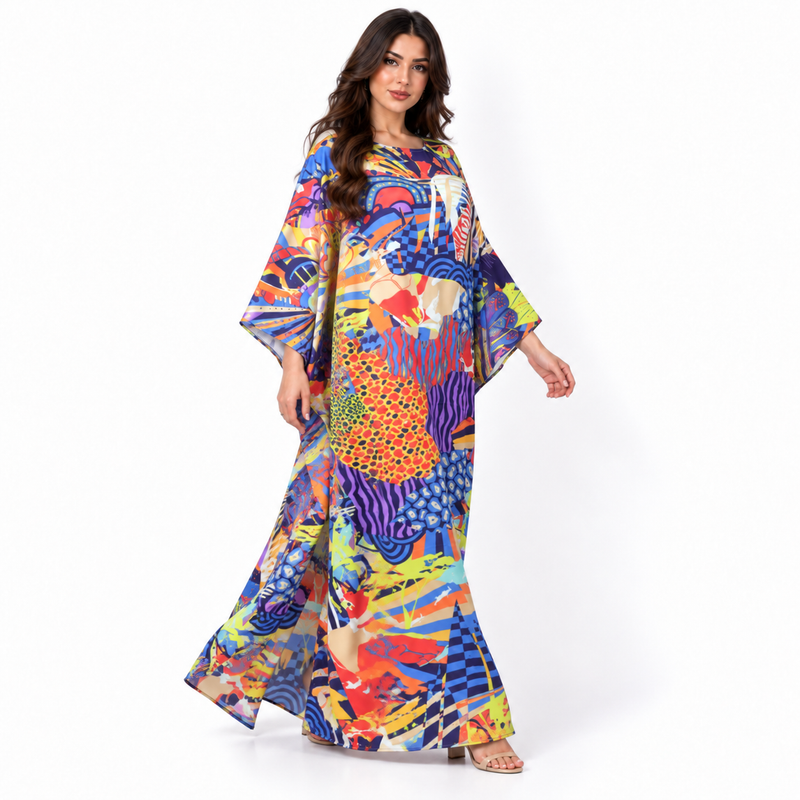 Vibrant Abstract Print Flowing Maxi Kaftan-3