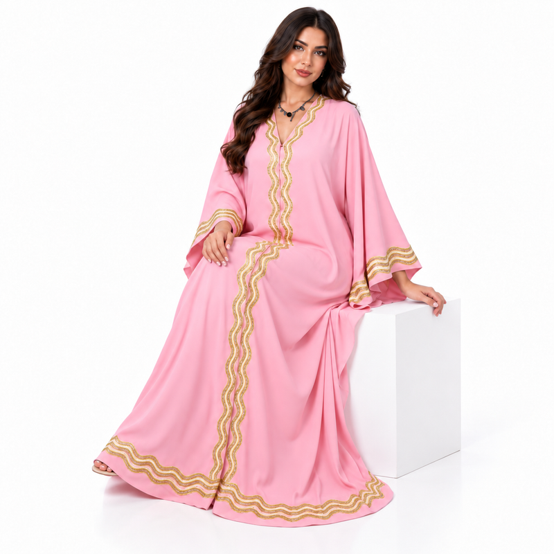 Elegant Pink Gold Embroidered Moroccan Kaftan-3