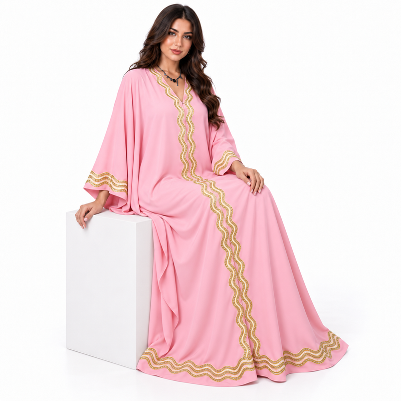 Elegant Pink Gold Embroidered Moroccan Kaftan-2