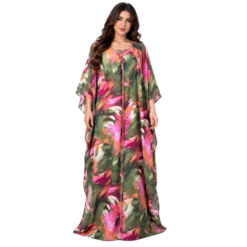 Vibrant Floral Print Satin Batwing Kaftan-1