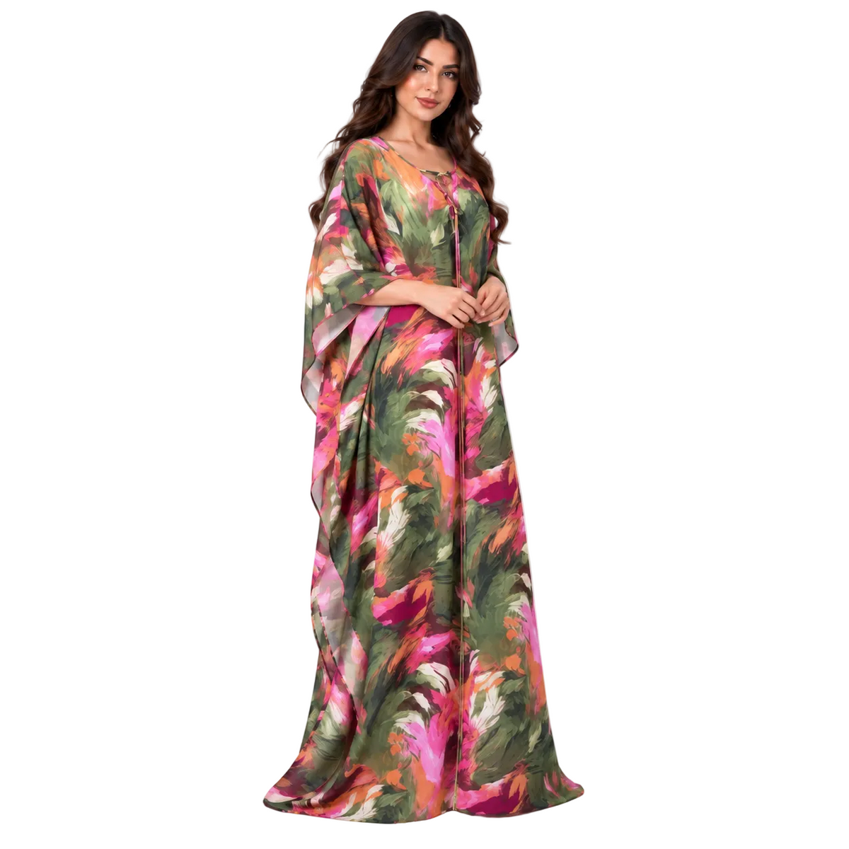 Vibrant Floral Print Satin Batwing Kaftan-2