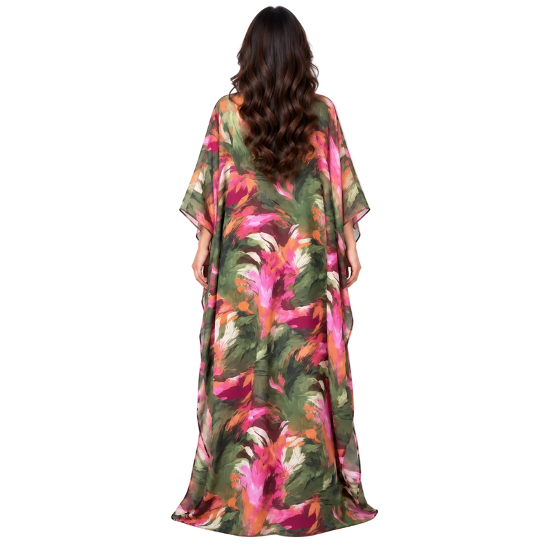 Vibrant Floral Print Satin Batwing Kaftan-4