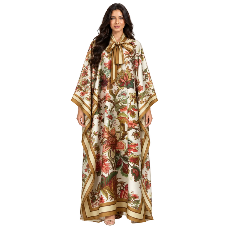 Elegant Ivory Floral Print Satin Kaftan-1