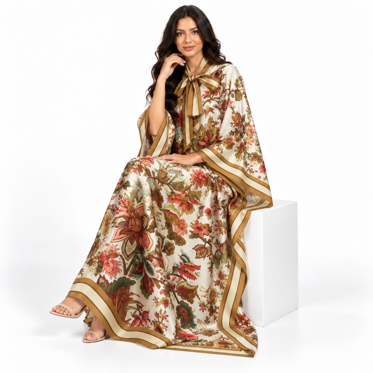 Elegant Ivory Floral Print Satin Kaftan-2