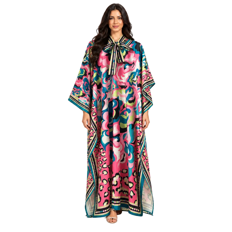 Elegant Pink Abstract Floral Satin Kaftan-1